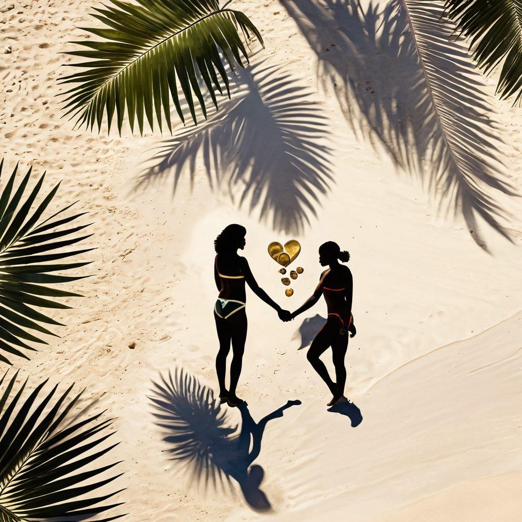 A serene beach setting with diverse adults enjoying nudism, relaxed and carefree, engaging in meaningful conversations about love and finances. Soft sunlight filters through palm leaves, casting playful shadows. Include visual metaphors like a heart made of sand and scattered coins to represent love and financial benefits. Emphasize a sense of freedom and connection. vibrant colors. super-realistic.
